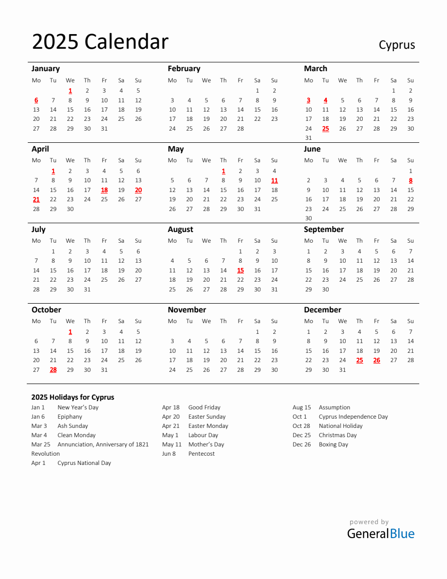 Standard Holiday Calendar for 2025 with Cyprus Holidays