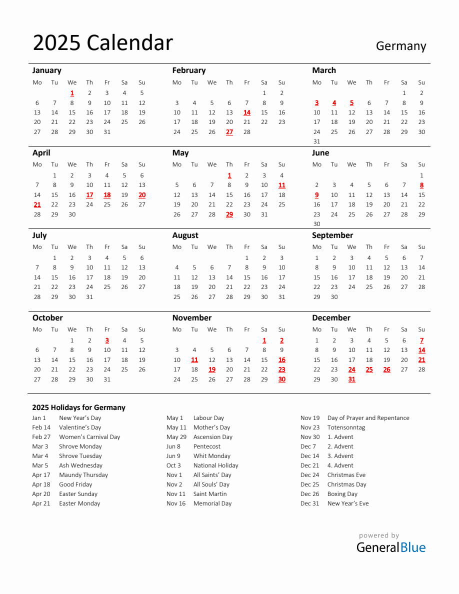 Standard Holiday Calendar for 2025 with Germany Holidays