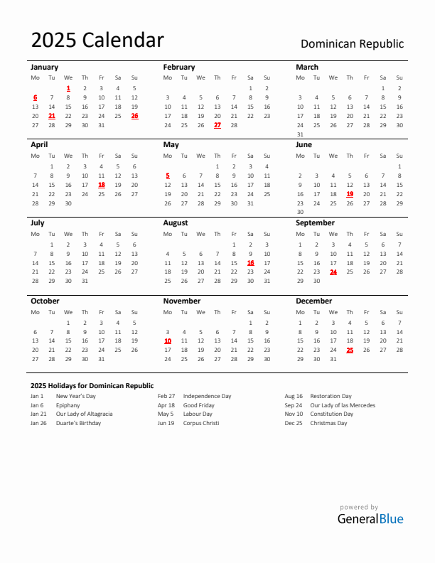 Standard Holiday Calendar for 2025 with Dominican Republic Holidays 