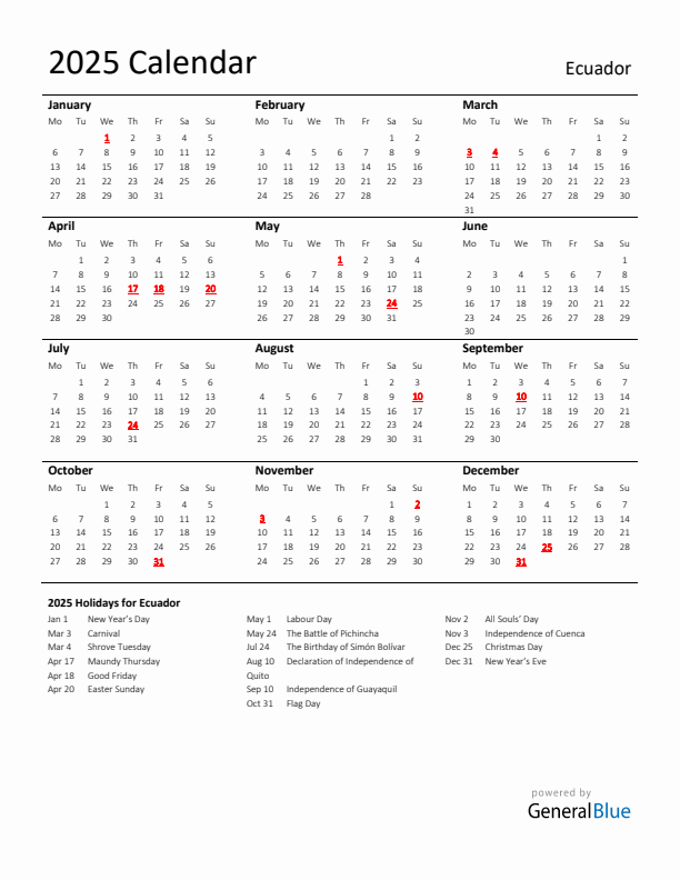 Standard Holiday Calendar for 2025 with Ecuador Holidays 