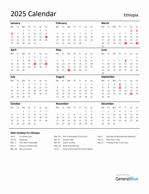 Standard Holiday Calendar for 2025 with Ethiopia Holidays 
