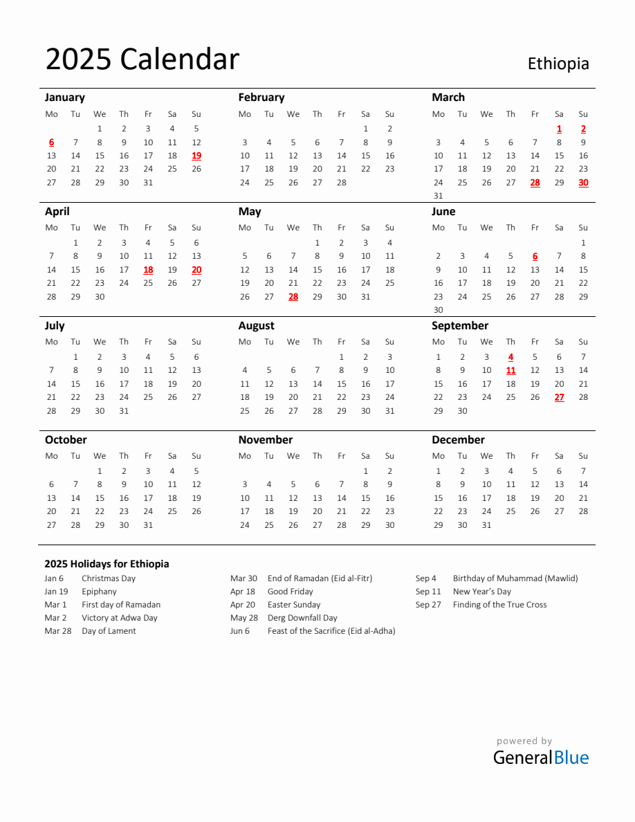 Standard Holiday Calendar for 2025 with Ethiopia Holidays