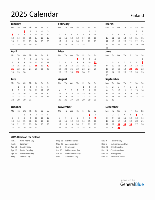 Standard Holiday Calendar for 2025 with Finland Holidays 