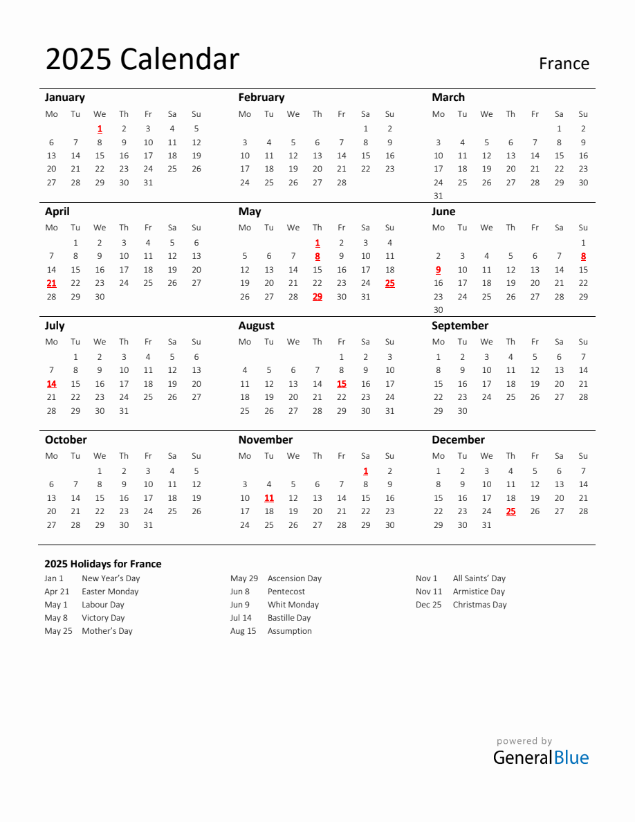 Standard Holiday Calendar for 2025 with France Holidays