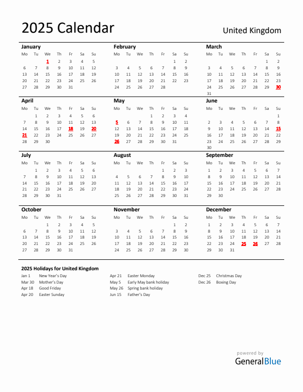 2025 United Kingdom Calendar with Holidays