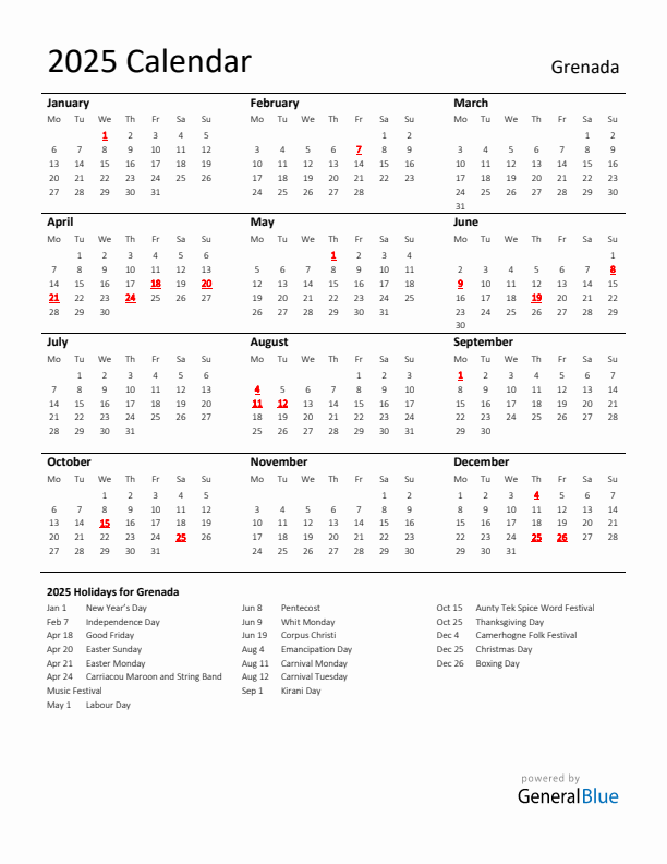 Standard Holiday Calendar for 2025 with Grenada Holidays 
