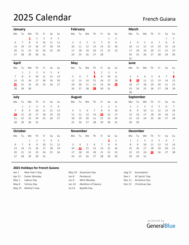 Standard Holiday Calendar for 2025 with French Guiana Holidays 
