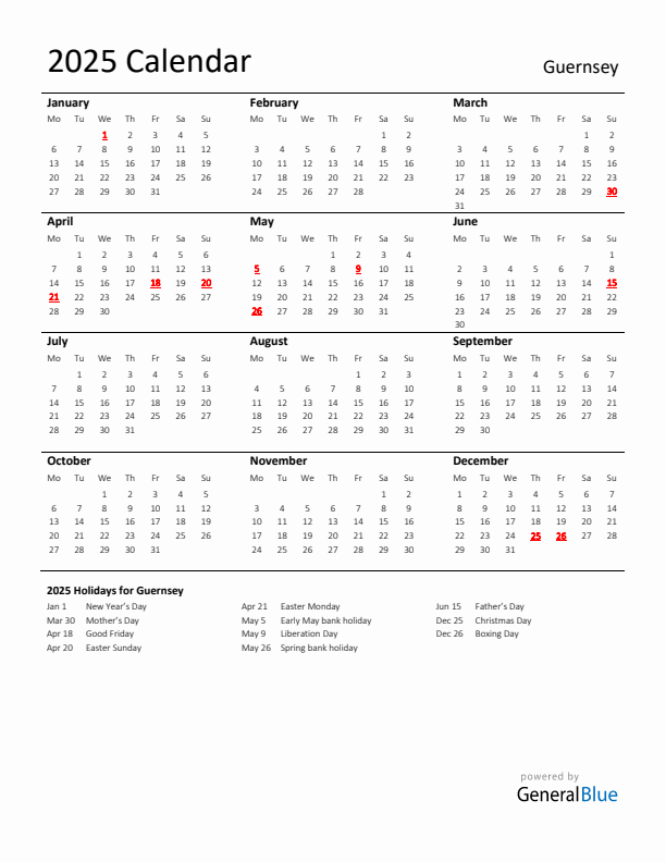 Standard Holiday Calendar for 2025 with Guernsey Holidays 