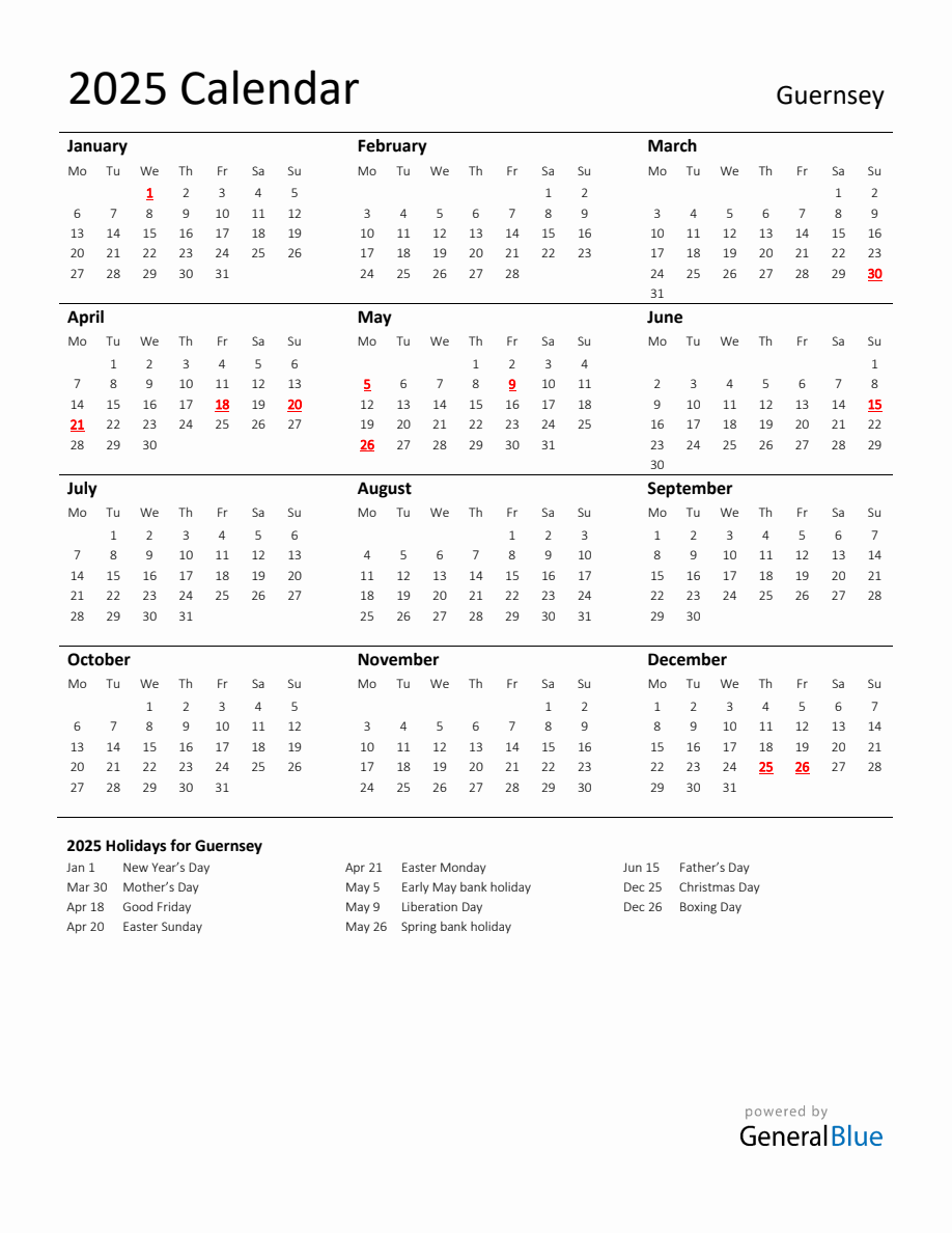 Standard Holiday Calendar for 2025 with Guernsey Holidays