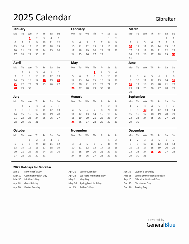 Standard Holiday Calendar for 2025 with Gibraltar Holidays 