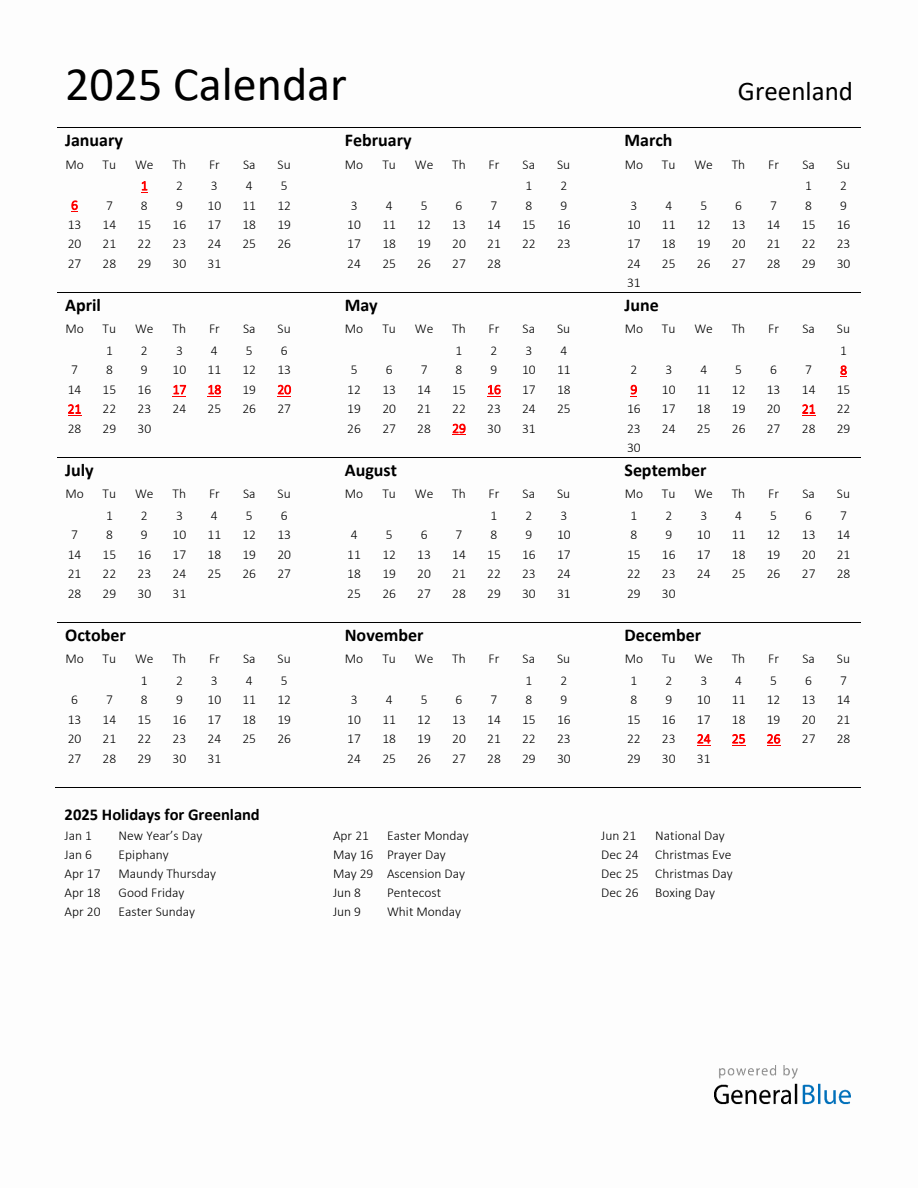 Standard Holiday Calendar for 2025 with Greenland Holidays