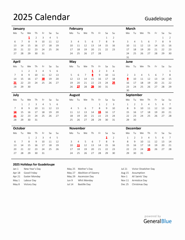 Standard Holiday Calendar for 2025 with Guadeloupe Holidays 