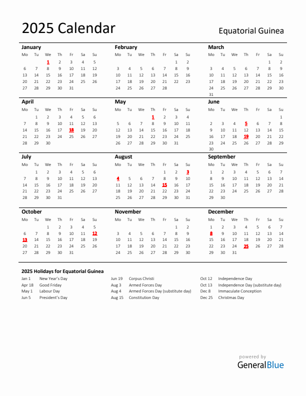 Standard Holiday Calendar for 2025 with Equatorial Guinea Holidays 