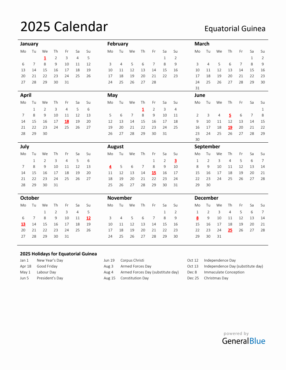 Standard Holiday Calendar for 2025 with Equatorial Guinea Holidays