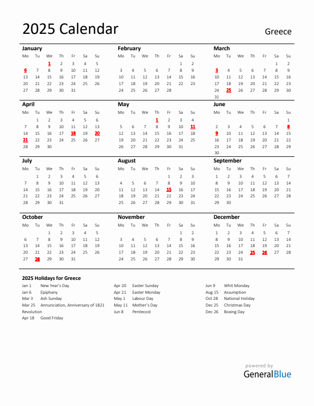 Standard Holiday Calendar for 2025 with Greece Holidays 