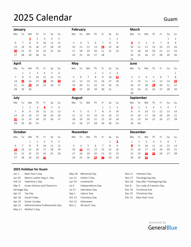 Standard Holiday Calendar for 2025 with Guam Holidays 
