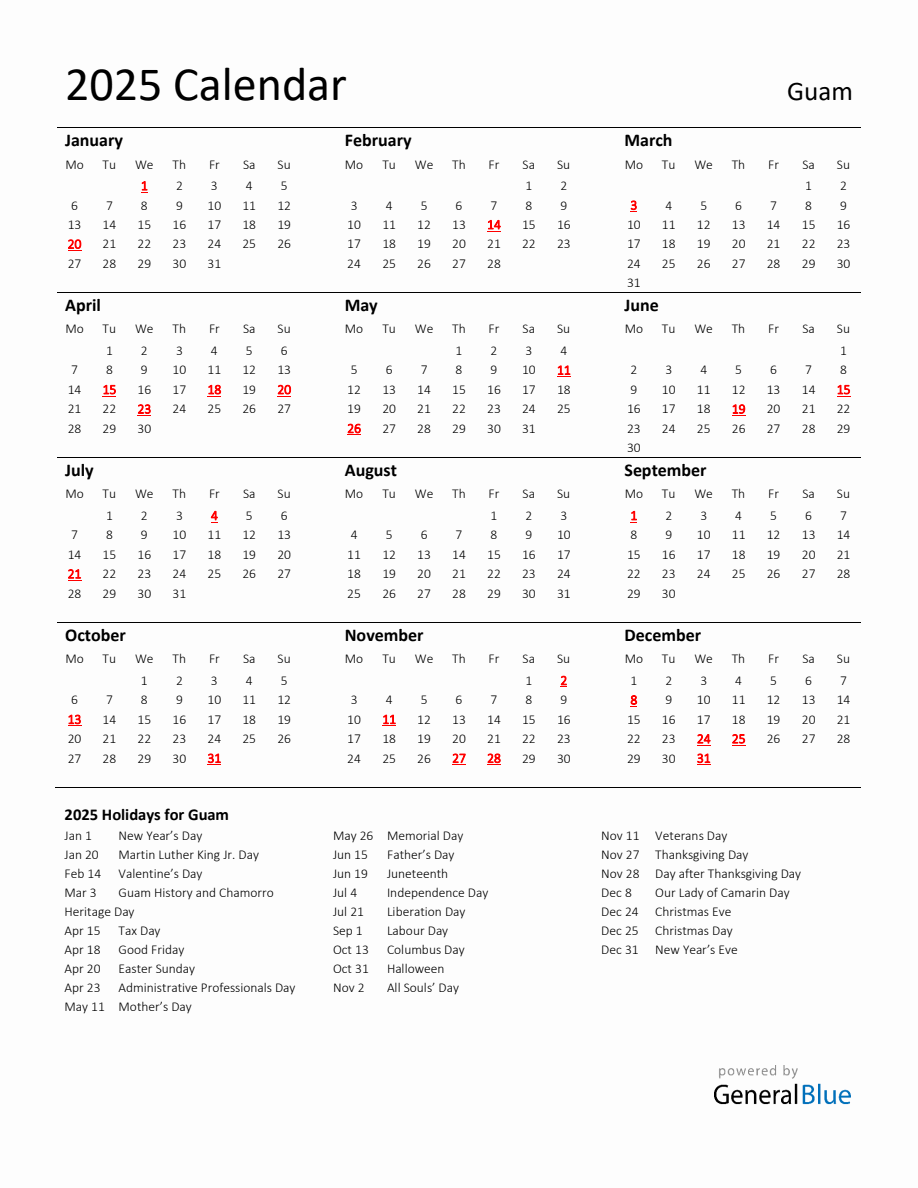 Standard Holiday Calendar for 2025 with Guam Holidays