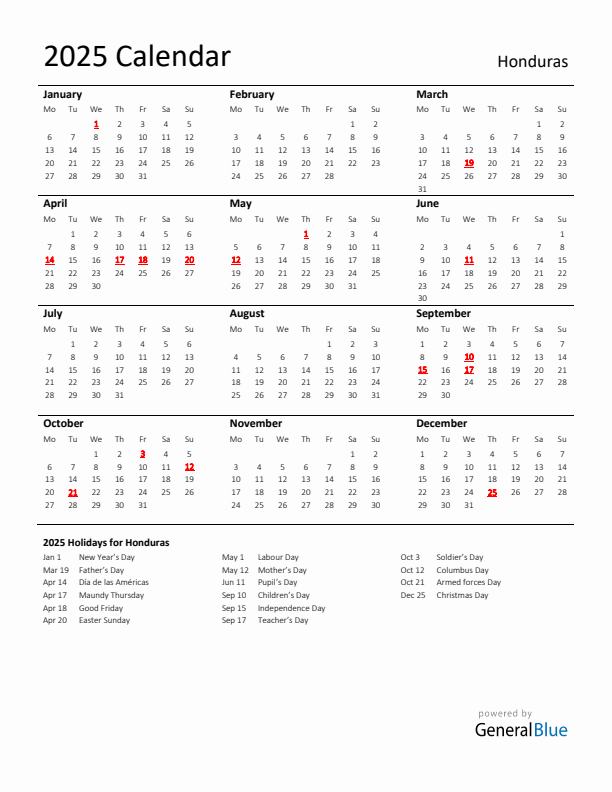 Standard Holiday Calendar for 2025 with Honduras Holidays 