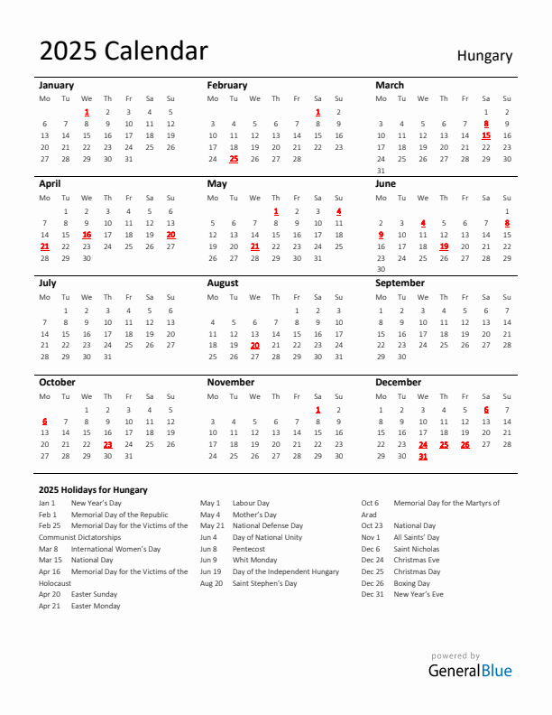 Standard Holiday Calendar for 2025 with Hungary Holidays 