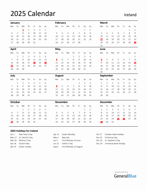 Standard Holiday Calendar for 2025 with Ireland Holidays 