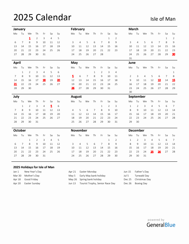 Standard Holiday Calendar for 2025 with Isle of Man Holidays 