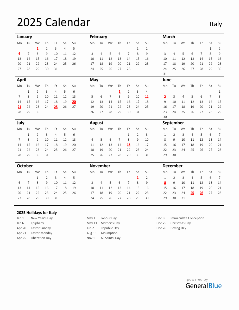 Standard Holiday Calendar for 2025 with Italy Holidays