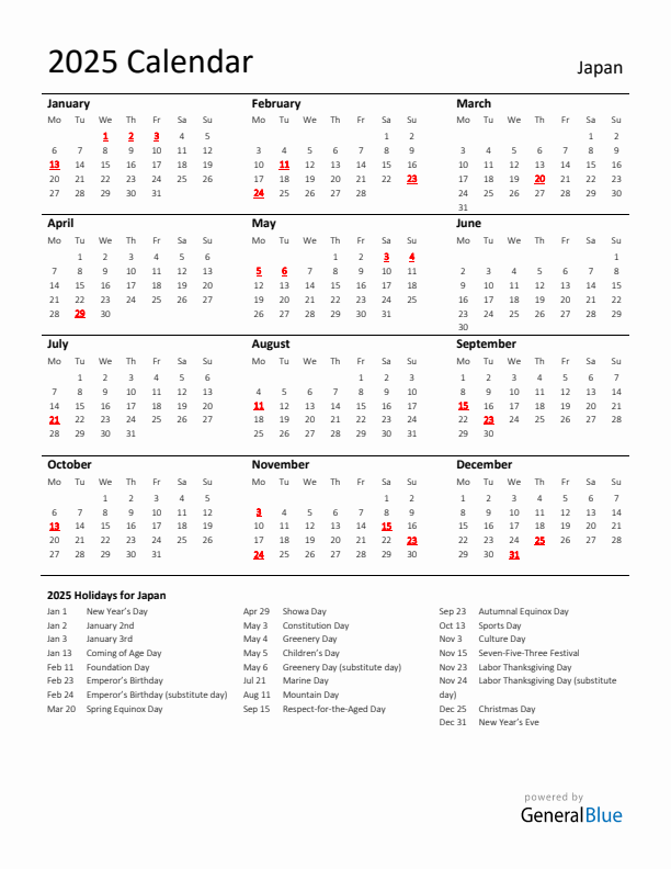 Standard Holiday Calendar for 2025 with Japan Holidays 
