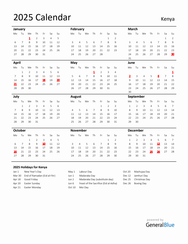 Standard Holiday Calendar for 2025 with Kenya Holidays 