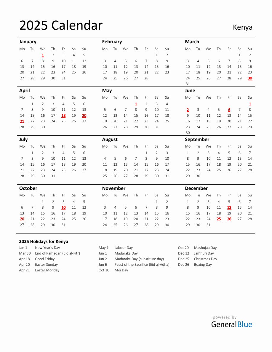 Standard Holiday Calendar for 2025 with Kenya Holidays