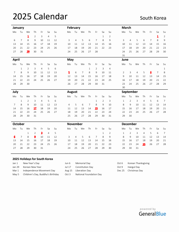 Standard Holiday Calendar for 2025 with South Korea Holidays 