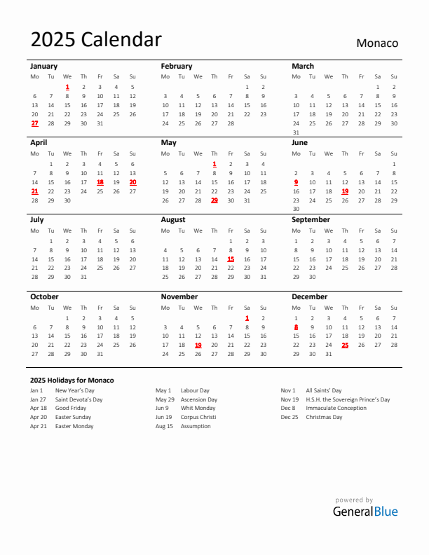 Standard Holiday Calendar for 2025 with Monaco Holidays 
