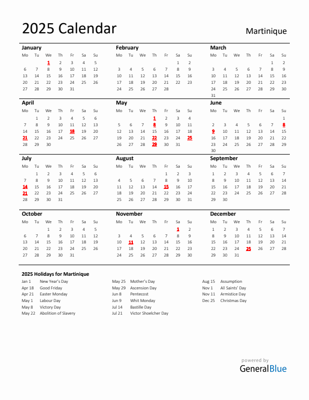 Standard Holiday Calendar for 2025 with Martinique Holidays 