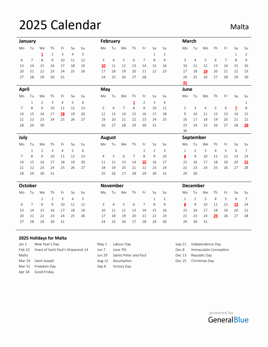 Standard Holiday Calendar for 2025 with Malta Holidays