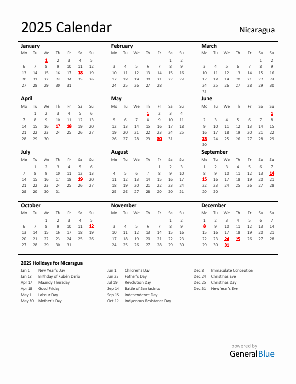 Standard Holiday Calendar for 2025 with Nicaragua Holidays 