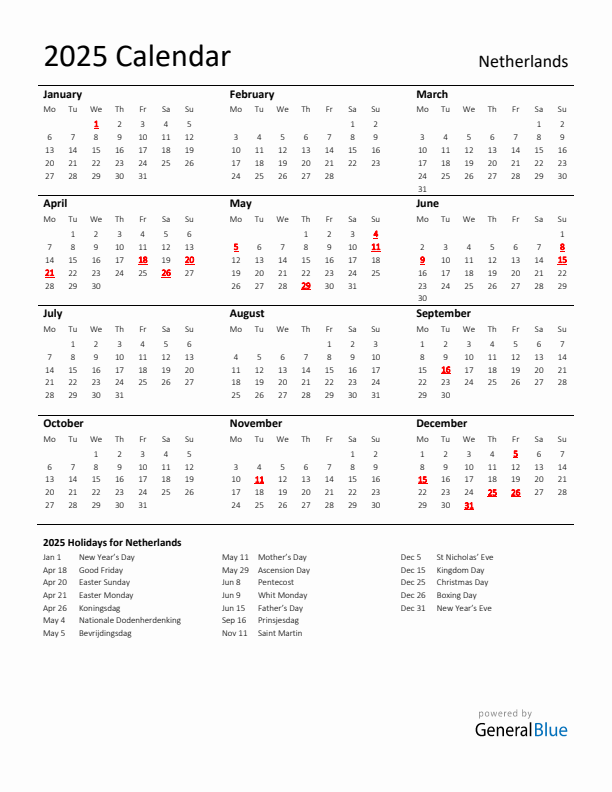 Standard Holiday Calendar for 2025 with The Netherlands Holidays 