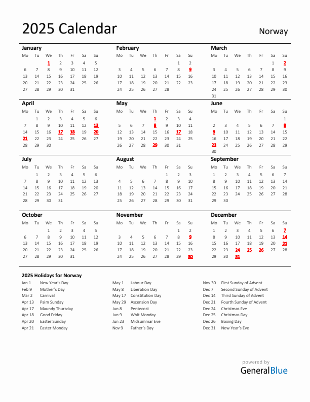 Standard Holiday Calendar for 2025 with Norway Holidays 