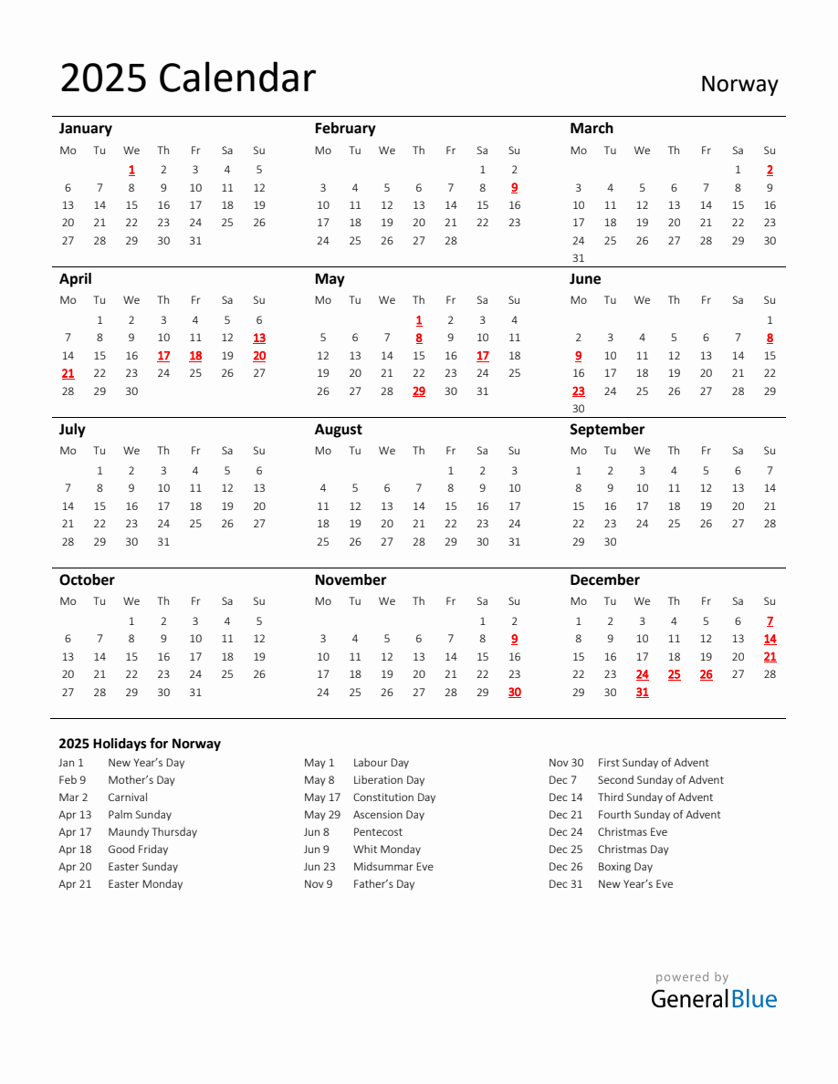 Standard Holiday Calendar for 2025 with Norway Holidays