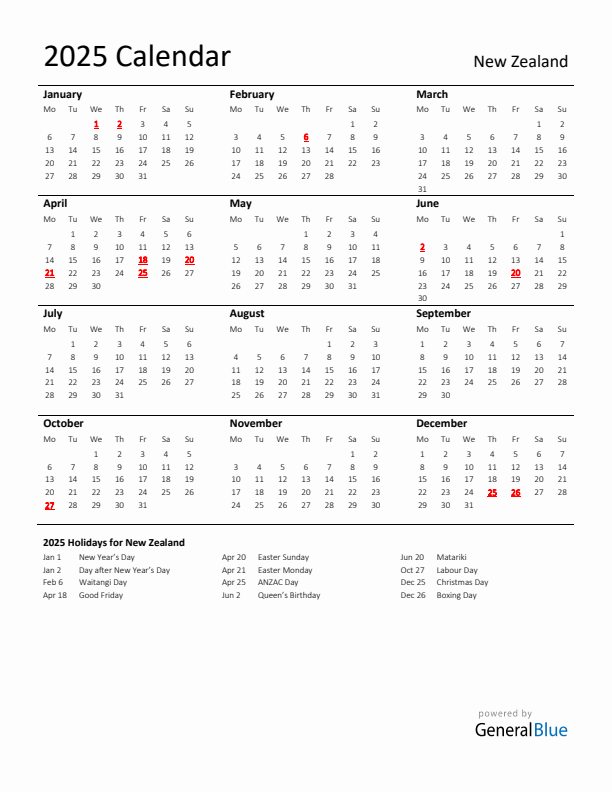 Standard Holiday Calendar for 2025 with New Zealand Holidays 