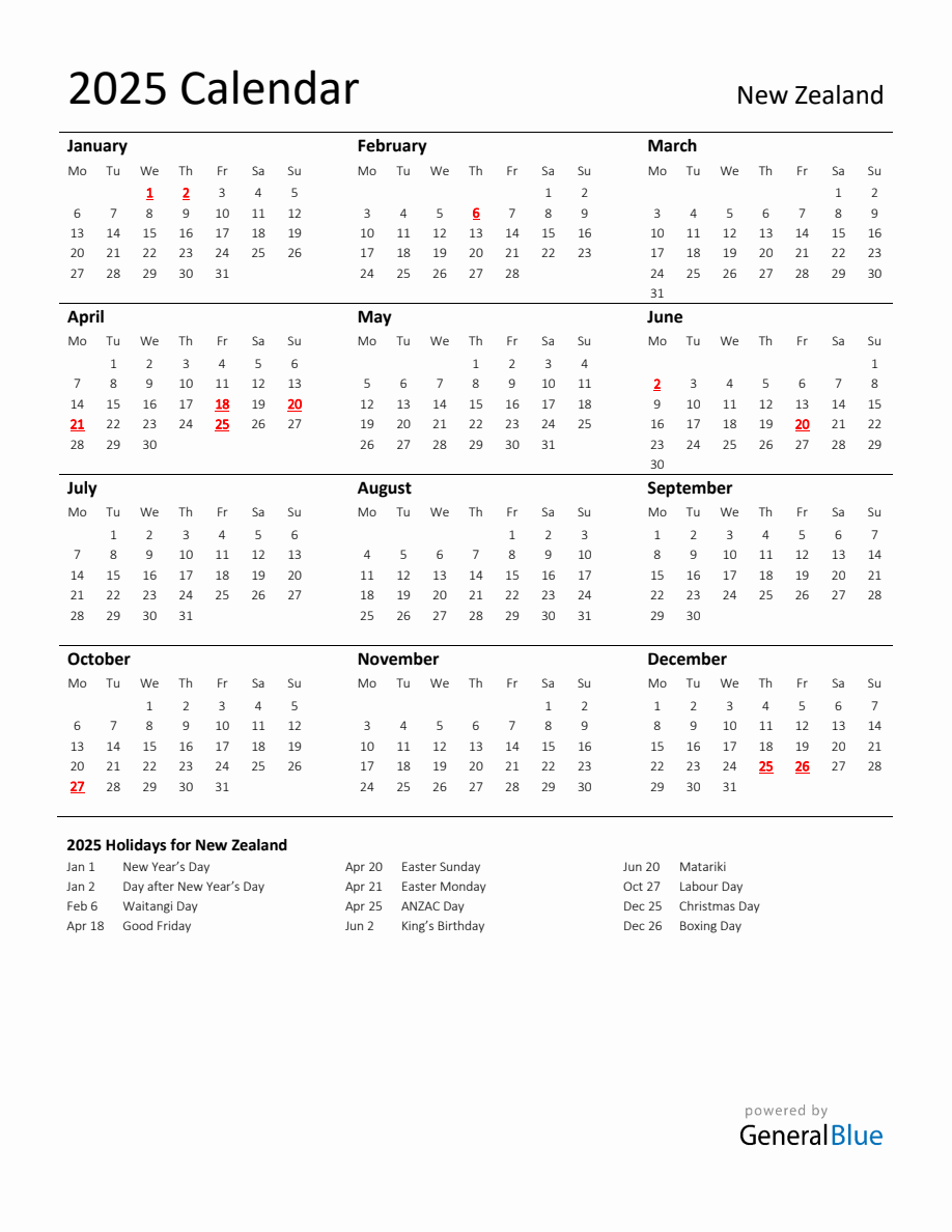 Standard Holiday Calendar for 2025 with New Zealand Holidays