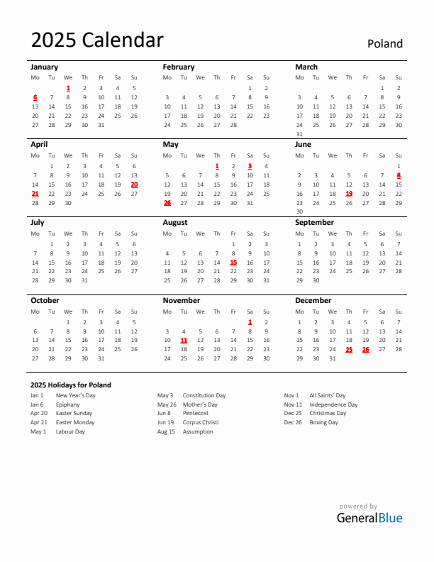 Standard Holiday Calendar for 2025 with Poland Holidays 