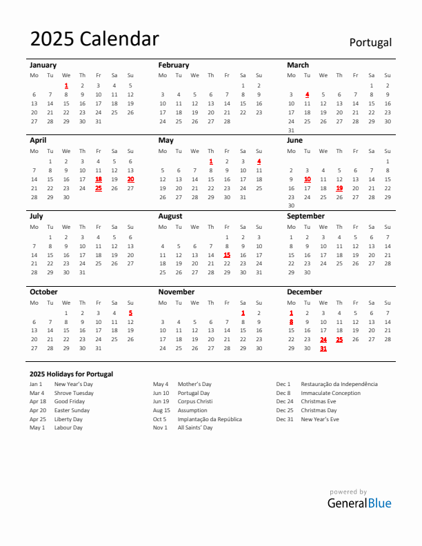 Standard Holiday Calendar for 2025 with Portugal Holidays 