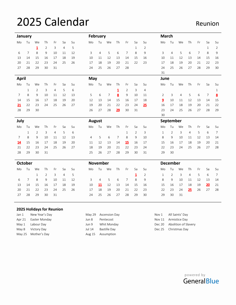 Standard Holiday Calendar for 2025 with Reunion Holidays