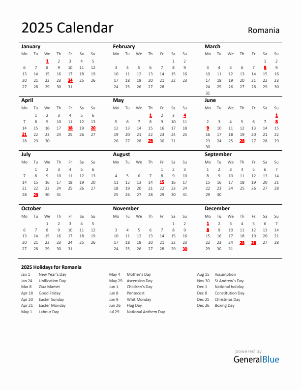 Standard Holiday Calendar for 2025 with Romania Holidays 
