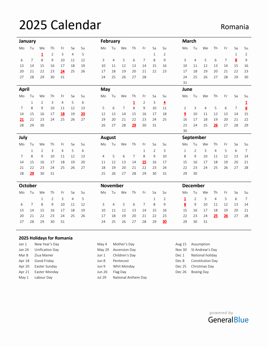 Standard Holiday Calendar for 2025 with Romania Holidays