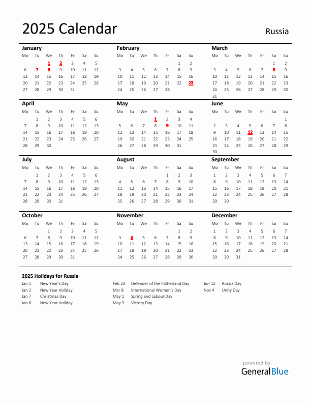 Standard Holiday Calendar for 2025 with Russia Holidays 