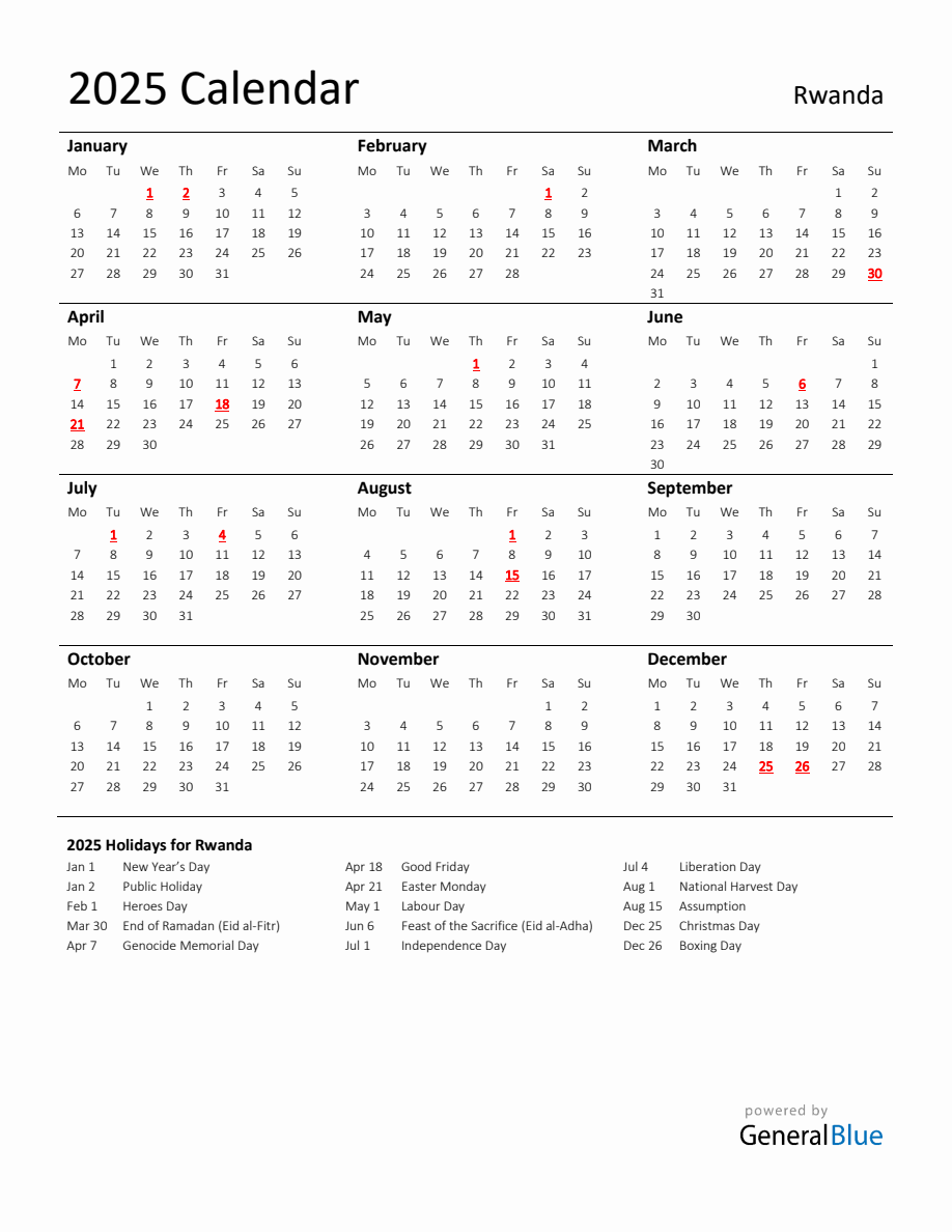 Standard Holiday Calendar for 2025 with Rwanda Holidays