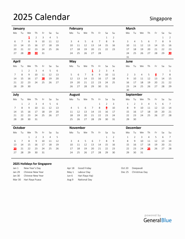 Standard Holiday Calendar for 2025 with Singapore Holidays 