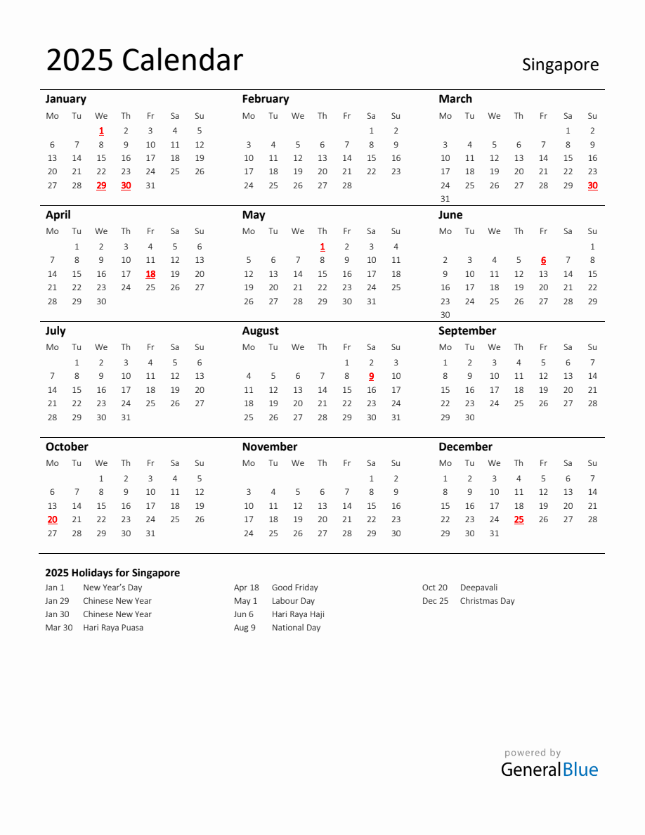 Standard Holiday Calendar for 2025 with Singapore Holidays