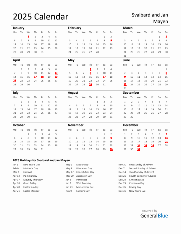Standard Holiday Calendar for 2025 with Svalbard and Jan Mayen Holidays 