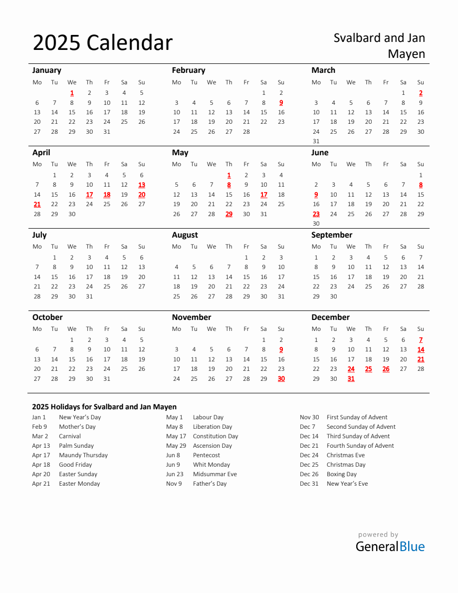 Standard Holiday Calendar for 2025 with Svalbard and Jan Mayen Holidays